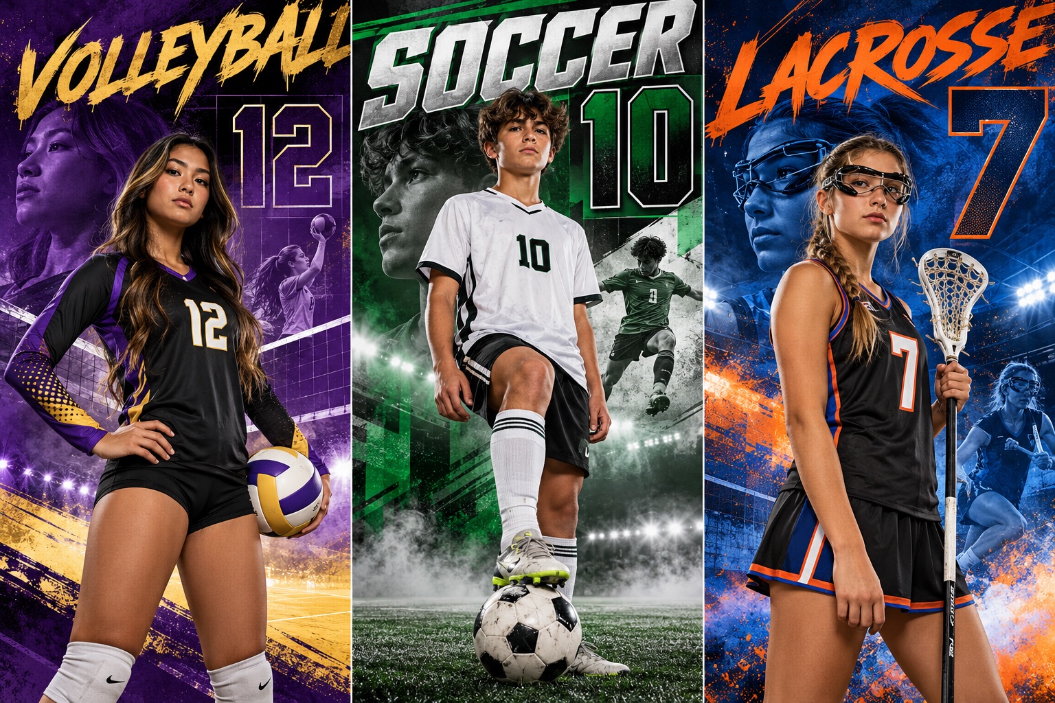 Blaze.ITM green-screen sports posters — volleyball, soccer and lacrosse athletes